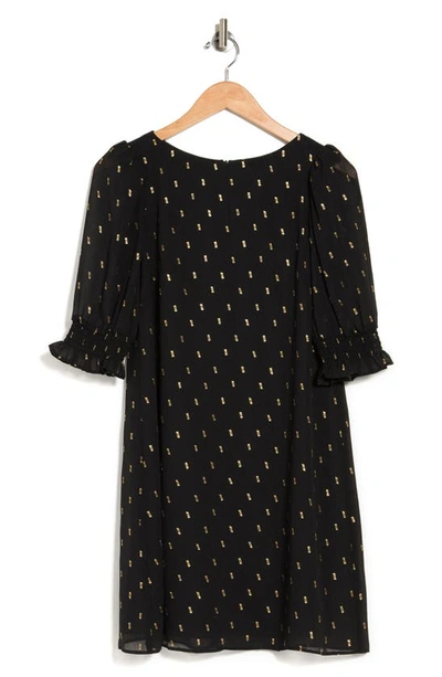 Eliza J Metallic Print Ruffle Cuff Shift Dress In Blk Gold