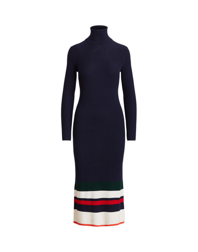 Shop Polo Ralph Lauren Striped Merino Wool Turtleneck Dress Woman Midi Dress Midnight Blue Size M Wool