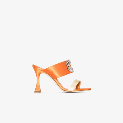 Shop Manolo Blahnik Orange Laali 105 Crystal Embellished Satin Sandals