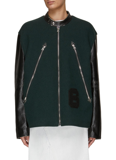 Shop Mm6 Maison Margiela Zipper Detail Leather Collar Sleeve Varsity Biker Jacket In Green