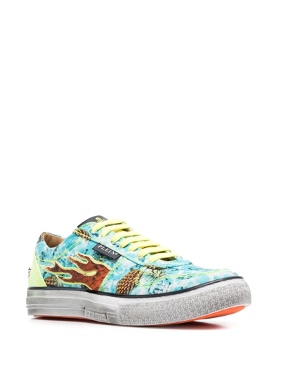 Shop Philipp Plein Flame-print Canvas Low-top Sneakers In Blue