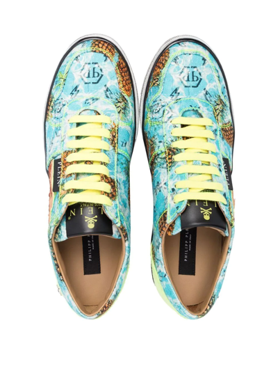 Shop Philipp Plein Flame-print Canvas Low-top Sneakers In Blue