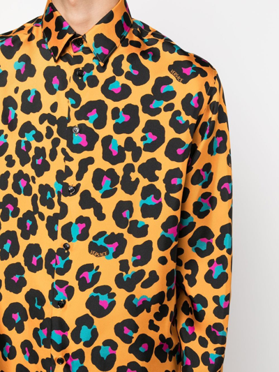 Shop Versace Daisy Leopard-print Silk Shirt In Orange