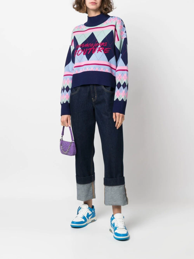 Shop Versace Jeans Couture Argyle-knit Logo-embroidered Jumper In Blue
