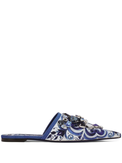 Shop Dolce & Gabbana Majolica-print Brocade Mules In Blue