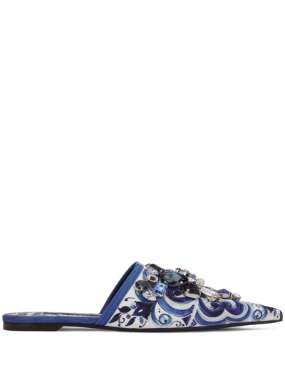 Dolce & Gabbana Embellished Jacquard Slippers In Blue