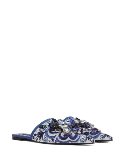 Shop Dolce & Gabbana Majolica-print Brocade Mules In Blue