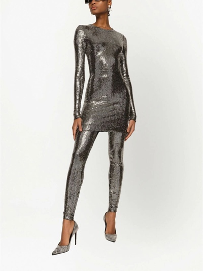 Dolce & Gabbana Silver-tone Sequin Metallic Long-sleeve Mini Dress In Silber