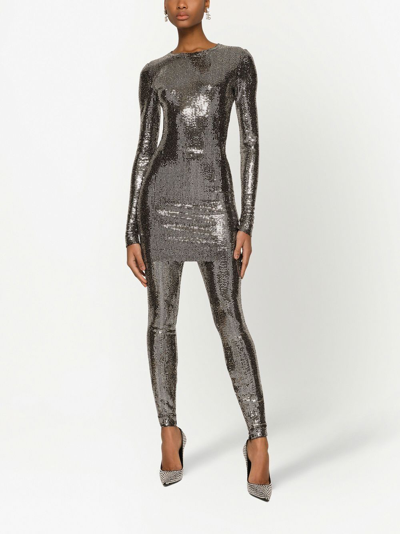 Dolce & Gabbana Silver-tone Sequin Metallic Long-sleeve Mini Dress In Silber