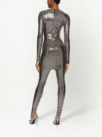 Dolce & Gabbana Silver-tone Sequin Metallic Long-sleeve Mini Dress In Silber