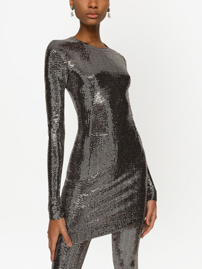 Dolce & Gabbana Silver-tone Sequin Metallic Long-sleeve Mini Dress In Silber