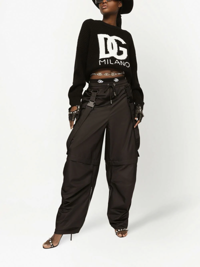Dolce & Gabbana Intarsia Knit Logo Crop Virgin Wool Rib Sweater In Schwarz