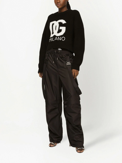 Dolce & Gabbana Intarsia Knit Logo Crop Virgin Wool Rib Sweater In Schwarz