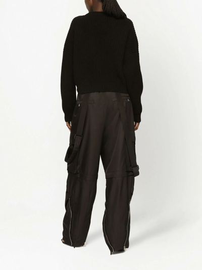 Dolce & Gabbana Intarsia Knit Logo Crop Virgin Wool Rib Sweater In Schwarz