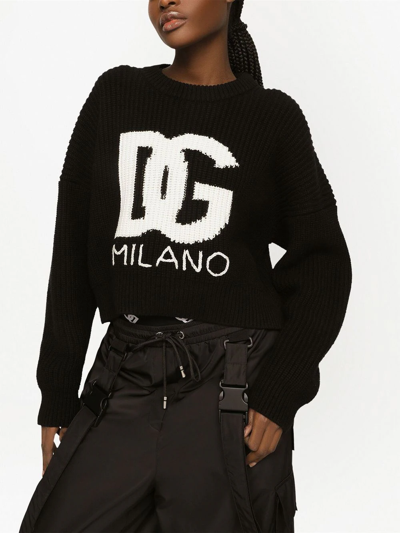 Dolce & Gabbana Intarsia Knit Logo Crop Virgin Wool Rib Sweater In Schwarz