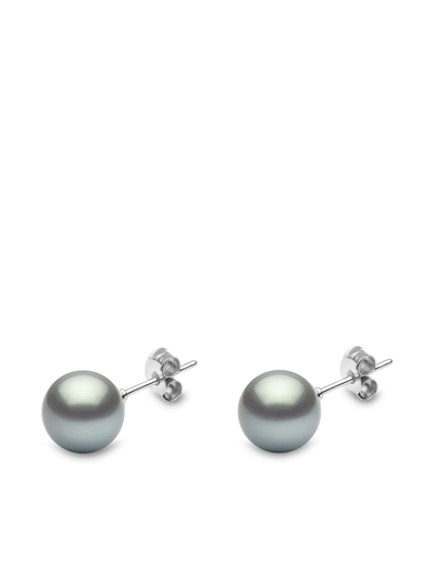 Shop Yoko London 18kt White Gold Classic 9mm Grey Tahitian Pearl Stud Earrings In Silber