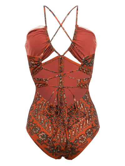 Shop Ulla Johnson Floral-print Backless Swimsuit In Orange