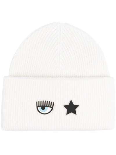 Shop Chiara Ferragni Eye-motif Ribbed Beanie In Weiss