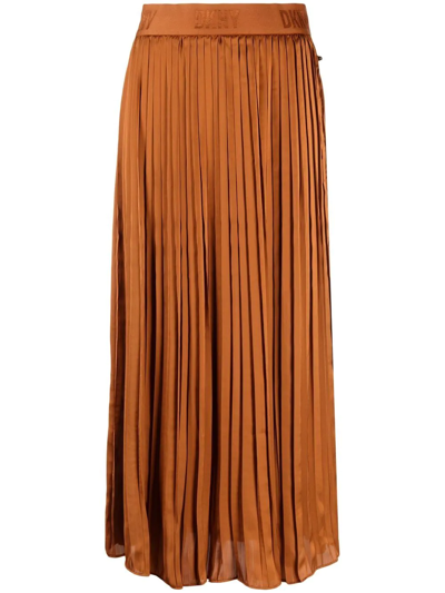 Shop Dkny Logo-waistband Pleated Midi-skirt In Braun