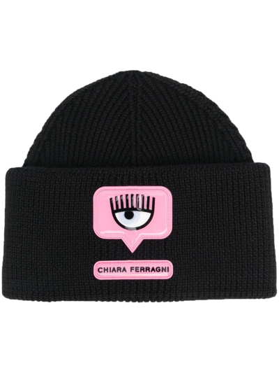 Shop Chiara Ferragni Lana Logo-patch Wool Beanie In Schwarz