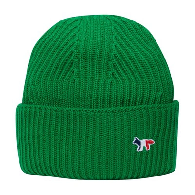 Shop Maison Kitsuné Tricolor Fox Patch Rib Hat In Deep Green