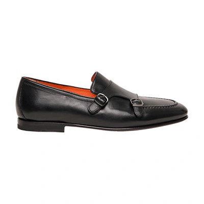 Shop Santoni Leather Double-buckle Loafers In Black