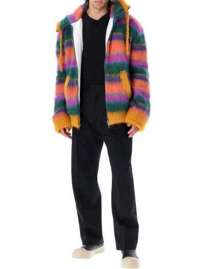 Shop Marni Striped Padded Hooded Cardigan In Multicolor