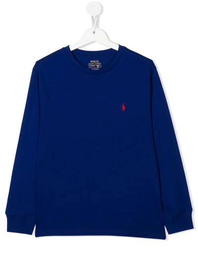 Shop Ralph Lauren Embroidered-logo Long-sleeve T-shirt In Blue