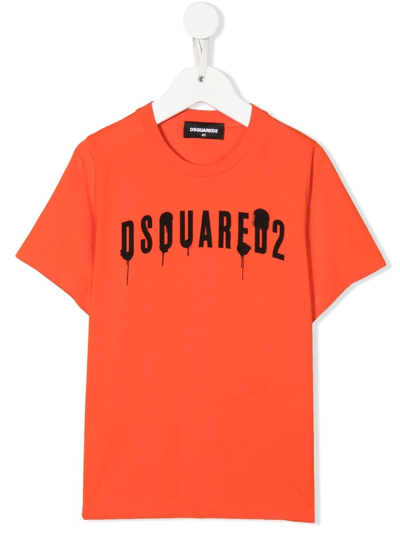 Dsquared2 Kids Orange T-shirt With Spray Effect Logo In Orange