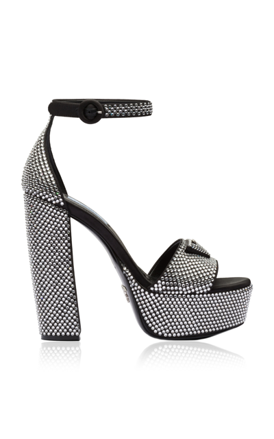 Shop Prada Crystal-embellished Satin Platform Sandals In Black