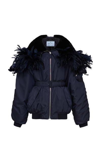 Shop Prada Feather-trimmed Re-nylon Bomber Jacket In Blue