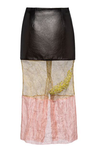 Shop Prada Women's Embellished Mesh-trimmed Leather Midi Skirt In Brown