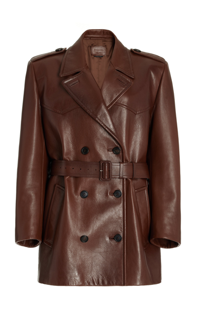 Shop Prada Double-breasted Leather Jacket In Brown