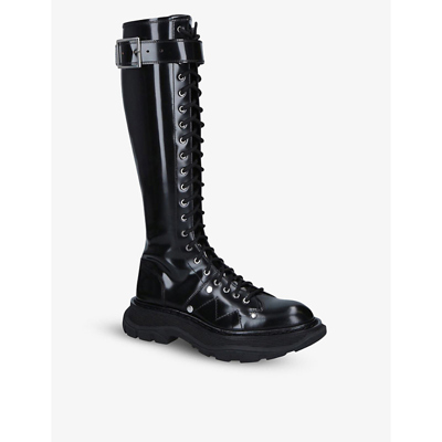 Shop Alexander Mcqueen Womens Black/comb Tread High-leg Leather Boots