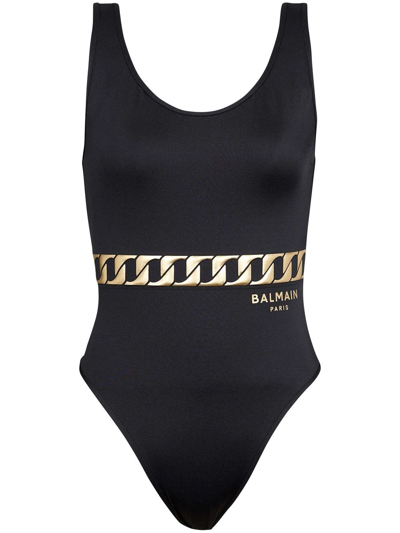 Shop Balmain Chain Link Print Swimsuit In Black