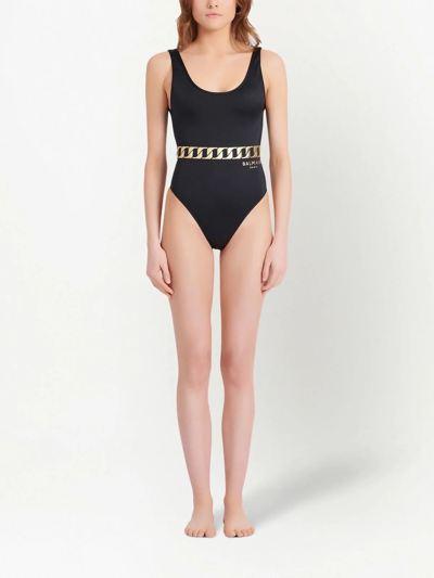 Shop Balmain Chain Link Print Swimsuit In Black