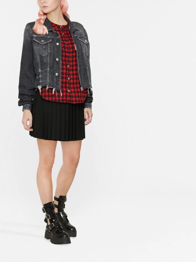 Dsquared2 Cropped Raw Hem Denim Jacket W/ Checked Shirt Insert In Grey