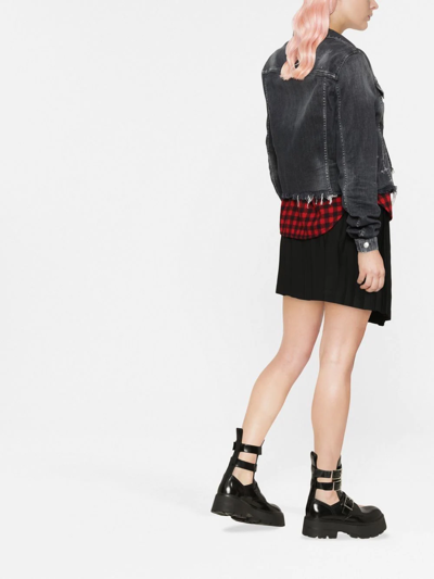 Dsquared2 Cropped Raw Hem Denim Jacket W/ Checked Shirt Insert In Grey