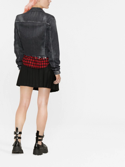 Dsquared2 Cropped Raw Hem Denim Jacket W/ Checked Shirt Insert In Grey
