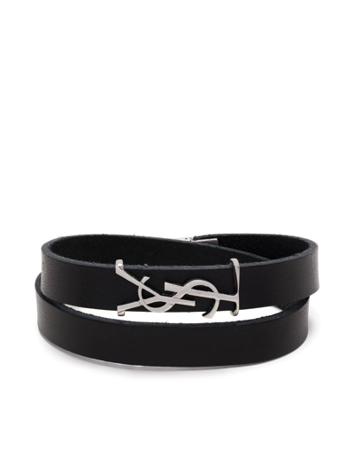 Shop Saint Laurent Ysl-charm Leather Bracelet In 1000 Black