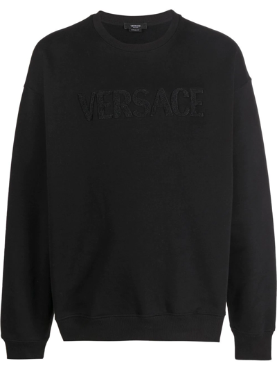 Shop Versace Embroidered Logo Crew Neck Sweatshirt In Black