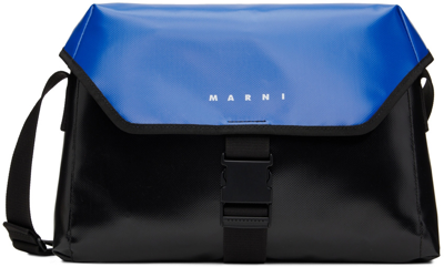 Shop Marni Black & Blue Textured Messenger Bag In Zo226 Royal/black/bl