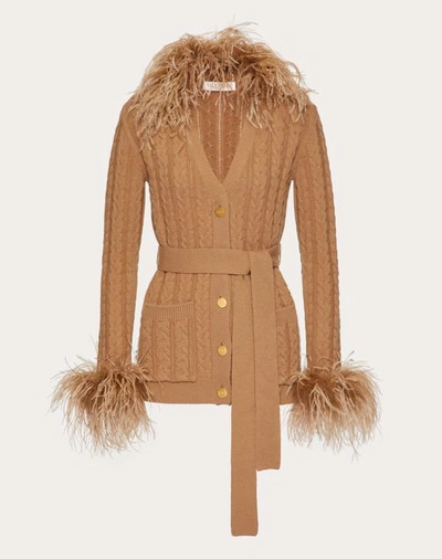 Shop Valentino Embroidered Wool Cardigan With Feathers Woman Camel S