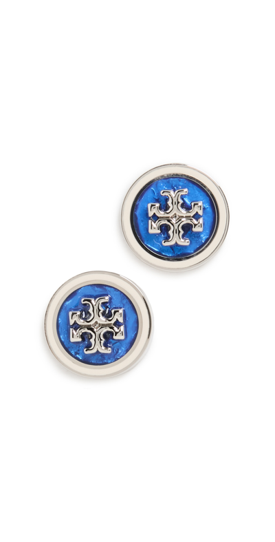 Shop Tory Burch Kira Enamel Circle Stud Earrings In Tory Silver/blue Multi