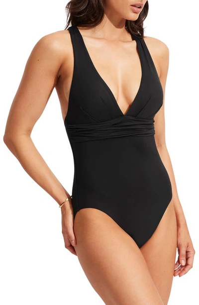 Seafolly Collective V-neck Stretch-recycled Nylon Swimsuit In Black