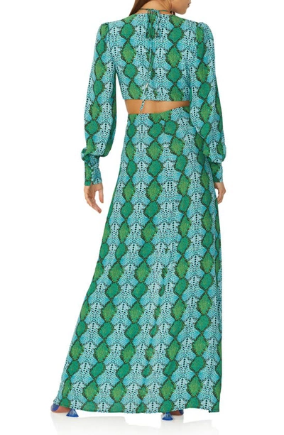 Shop Afrm Dialli Cutout Long Sleeve Maxi Dress In Teal Snake