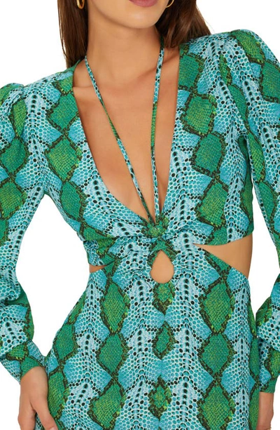 Shop Afrm Dialli Cutout Long Sleeve Maxi Dress In Teal Snake
