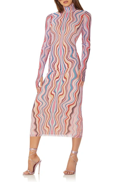 Shop Afrm Shailene Mesh Long Sleeve Midi Dress In Multi Wave