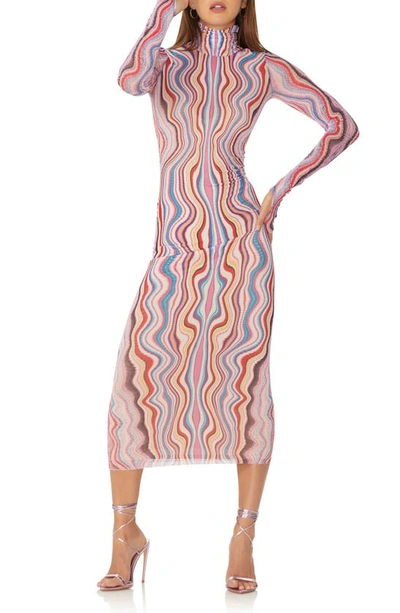 Shop Afrm Shailene Mesh Long Sleeve Midi Dress In Multi Wave
