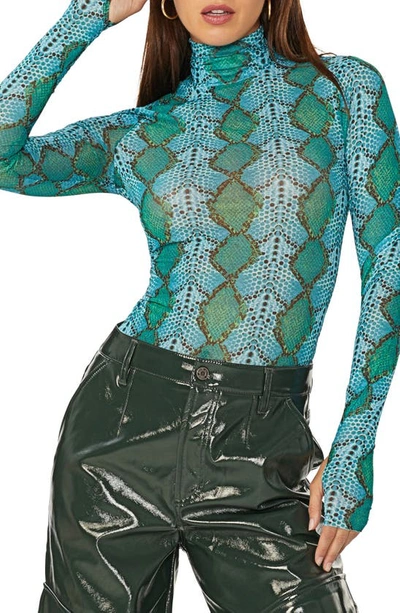 Shop Afrm Zadie Mesh Turtleneck Top In Teal Snake